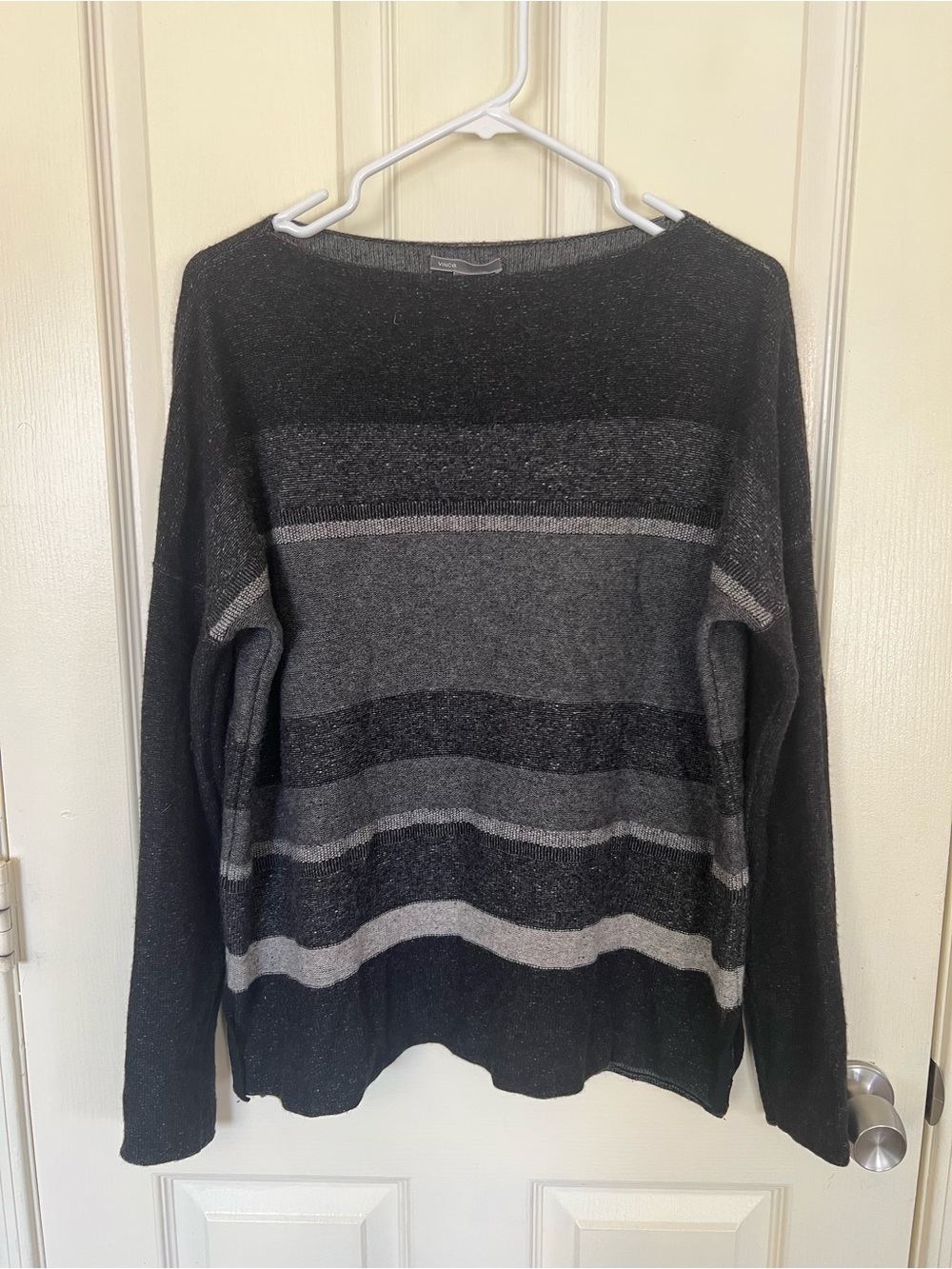 Vince Wool Cashmere Striped Oversized Sweater Black Gray Medium